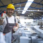 Portrait of factory worker in protective equipment holding thumbs up in production hall.